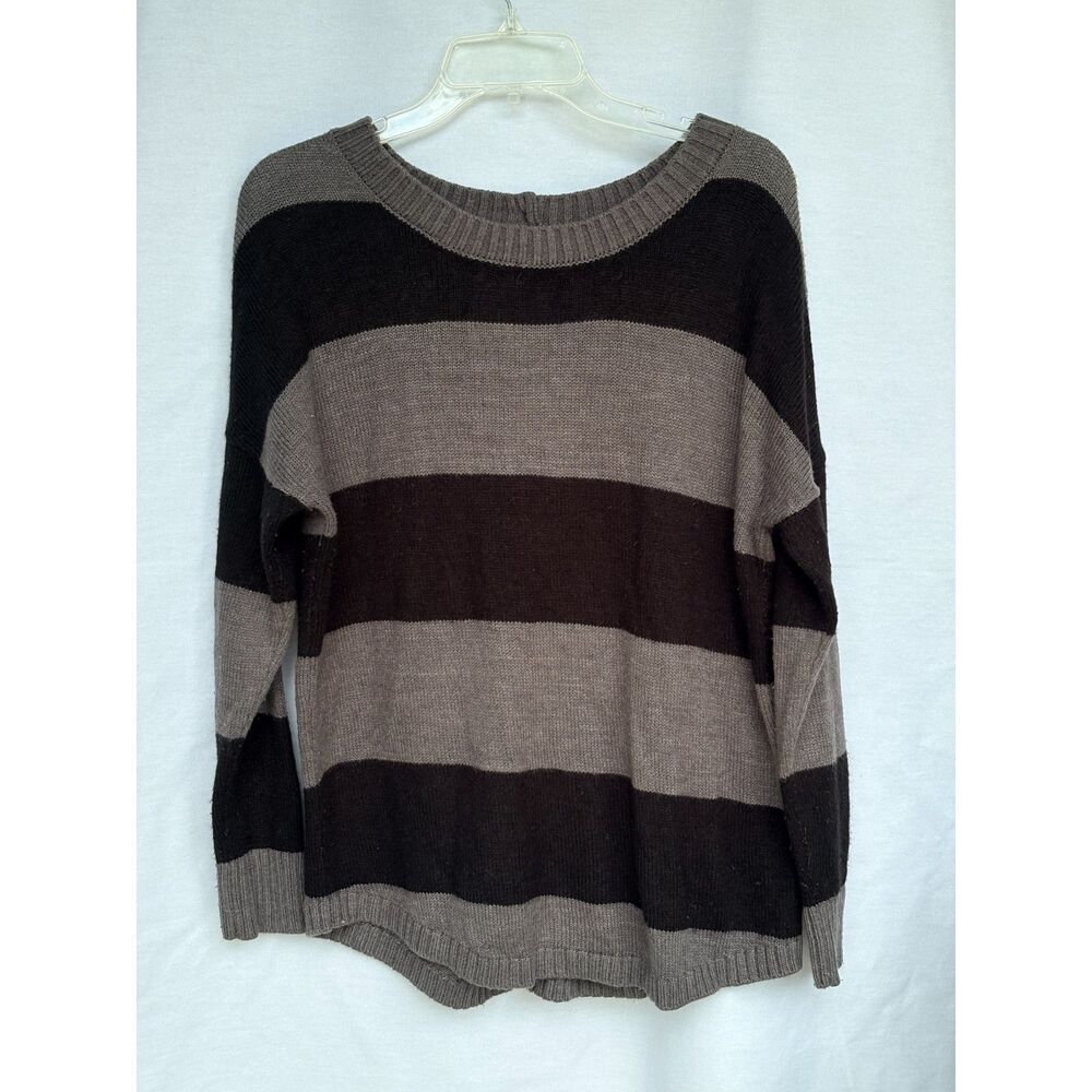 AB Studio Brown Gray Wide Stripe Oversized Knit Button Back Pullover Sweater M